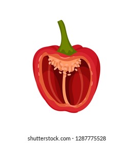 Half of red bell pepper with seeds inside. Healthy vegetable. Cooking ingredient. Natural food. Flat vector icon