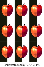 Half red and golden apple on dark green and white background (seamless pattern)