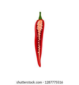 Half of red hot chili pepper with seeds inside. Spicy vegetable. Natural product. Cooking ingredient. Flat vector icon