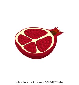 Fruta granada media roja, aislada en fondo blanco. Ilustración plana vectorial.