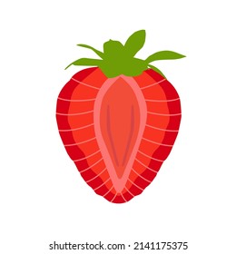 half of red strawberry fruit is isolated on white background. Flat illustration icon for food apps and website