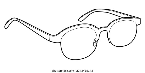 Half Rim frame glasses fashion accessory illustration. Sunglass 3-4 view for Men, women, unisex silhouette style, flat rim spectacles eyeglasses with lens sketch outline isolated on white background