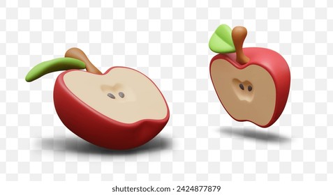 Half of ripe apple. Fresh red fruit. Detailed model with stem, leaf, seeds