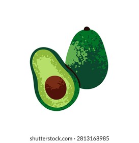 Half of ripe avocado. Cut part of fresh green fruit with stone. Organic farm food for healthy nutrition. Natural eating. Modern diet product. Flat isolated vector illustration on white background