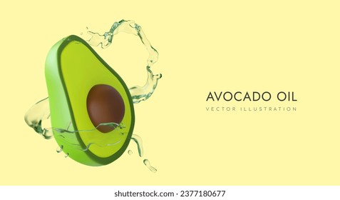 Half of ripe avocado, splash of clear liquid. Vegetarian natural product. Avocado oil. Advertising template with realistic illustration on green background. Horizontal concept for social networks