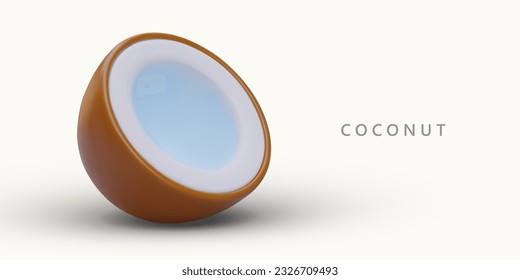 Half of ripe brown coconut. 3D cut palm nut. Tropical natural product. Nut milk for vegetarian cocktails. Horizontal commercial banner for products with coconut