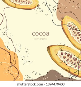 Half a ripe cocoa. Stylized cocoa beans on an abstract background. Card, banner, poster, sticker, print, promotional material. Vector illustration.