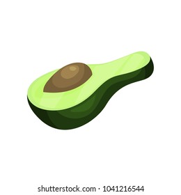 Half of ripe green avocado with bone. Tropical vegetable. Organic and healthy product. Vegetarian nutrition. Natural ingredient for skin care. Colorful flat vector icon