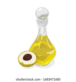 La mitad de la fruta madura con semilla es casi una botella de vidrio transparente cerrada por una tapa redonda que contiene aceite. Reacción natural con propiedades antioxidantes y antiinflamatorias. Vector aislado en blanco.