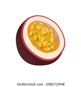 Half of ripe passionfruit. Tasty tropical fruit. Natural and healthy nutrition. Flat vector element for juice packaging or grocery store