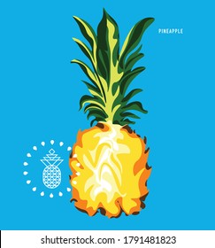 Mitad de piña madura, cierre, corte en medio de frutos exóticos aislados, concepto alimentario, ilustración vectorial sobre fondo de color
