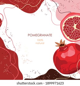 Half a ripe pomegranate. Stylized red pomegranate with seeds on an abstract background. Card, banner, poster, sticker, print, promotional material. Vector illustration.