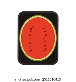 Half ripe watermelon in rectangular supermarket plastic tray, top view vector illustration