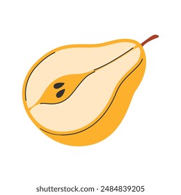 Die Hälfte der reifen gelben Birne. Handgezeichnete saftige Frucht im Doodle-Stil. Gesunde Ernährung
