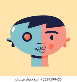 Half robot child. Cyborg creature. Human hybrid. Flat vector illustration in cartoon style.