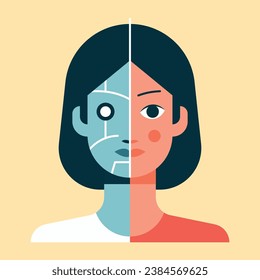 Half Robot Girl. Cyborg woman. Modern technology and development concept. Futuristic girl with a different implants. Flat vector illustration in cartoon style.