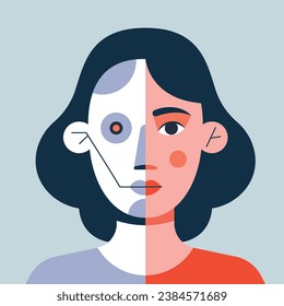 Half Robot Girl. Cyborg woman. Futuristic girl with a different implants. Flat vector illustration in cartoon style isolated on grey background.