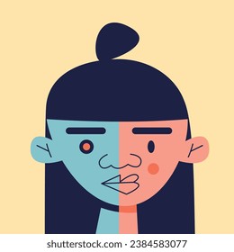 Half robot girl. Front view portrait. Cyborg woman. Futuristic girl with a different implants. Flat vector illustration in cartoon style isolated on yellow background.