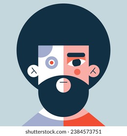 Half robot man with afro haircut. Front view portrait. Cyborg guy.  Futuristic man with a different implants. Human hybrid. Flat vector illustration in cartoon style.