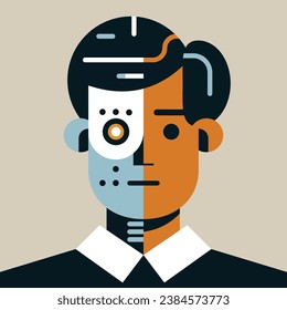 Half robot man portrait. Cyborg guy. Flat vector illustration in cartoon style.