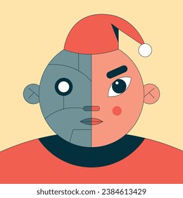 Half Robot Santa Claus. Happy New Year 2024. Flat vector illustration in cartoon style.