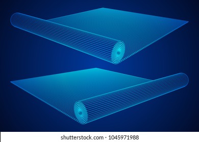 half rolled yoga pilates mat wireframe low poly mesh vector illustration.. Fitness and health. Exercise equipment.