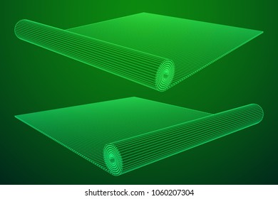 half rolled yoga pilates mat wireframe low poly mesh vector illustration. Fitness and health. Exercise equipment.