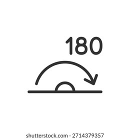 Media rotación con el número 180, icono lineal. Medición de ángulo y cambio direccional. Línea con trazo editable.