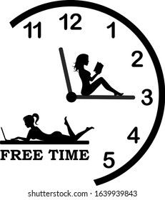 half round clock and female silhouettes are engaged in leisure-reading and lying with a laptop