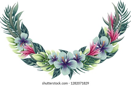 half round floral wreath with tropical plants