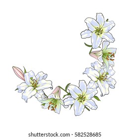 Half round frame of white lily flowers, decoration element, sketch vector illustration isolated on white background. Hand drawn white lily flowers as half round frame, banner, postcard design