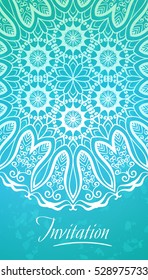 Half round lace ornament mandala on blue background, Elegance template for invitation or business card, greeting, or cover