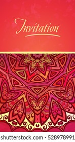 Half round ornament mandala on red background, Elegance template for invitation or business card, Greeting, or cover
