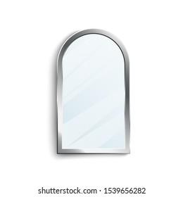 Half round realistic mirror with shiny silver metal frame and blank reflection surface isolated on white background - interior decoration vector illustration.
