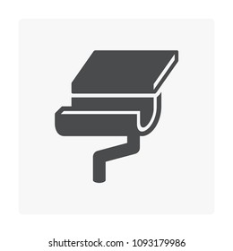 Half round style gutter vector icon. Also call rain gutter or eavestrough. Include roof, downpipe or downspout and pipeline for water discharge and drainage system to protect building from rainwater.