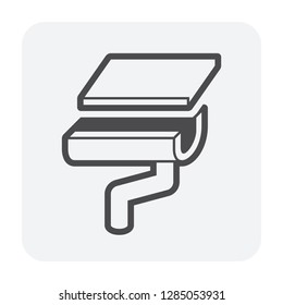 Half round style gutter vector icon. Also call rain gutter or eavestrough. Include roof, downpipe or downspout and pipeline for water discharge and drainage system to protect building from rainwater.