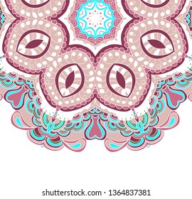 Half round symmetrical pattern in blue and pink colors. Mandala. Kaleidoscopic design.