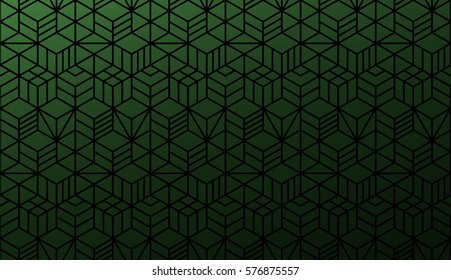 Half seamless geometric pattern. Vector dark abstract background. Modern texture. Green and black colors. Neutral fond. EPS 8. Necker cube.