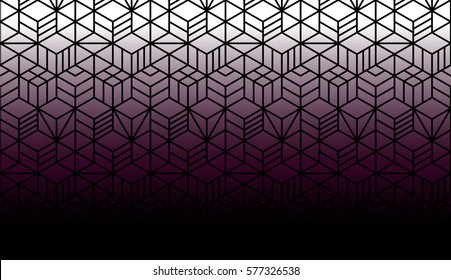 Half seamless geometric pattern. Vector dark abstract background. Modern texture. Violet, white and black colors. Neutral fond. EPS 8. Necker cube.