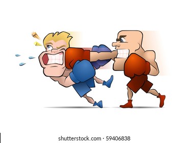 Half a Second Before the Knockout. Two boxing fighters, one of them punches the other. Illustration on the theme of Professional Combative Sports.