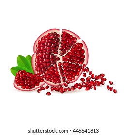 Half, seed and segment pomegranate fruit with leaves isolated on white background. Realistic vector illustration.