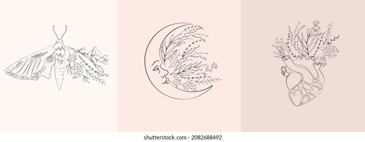 Half shape butterfly, heart and moon with branch and flowers for tattoo t-shirt print or wall art. Hand drawn wedding herb. Botanical rustic trendy greenery. Vector