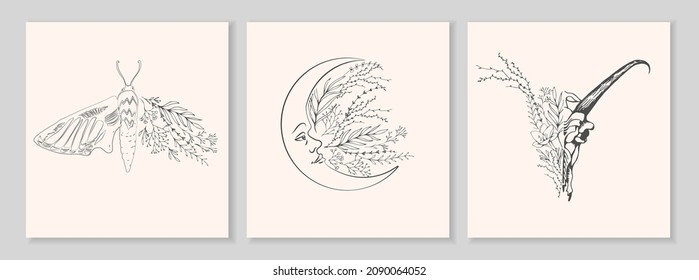 Half shape butterfly, skull and moon with branch and flowers for tattoo t-shirt print or wall art. Hand drawn wedding herb. Botanical rustic trendy greenery. Vector