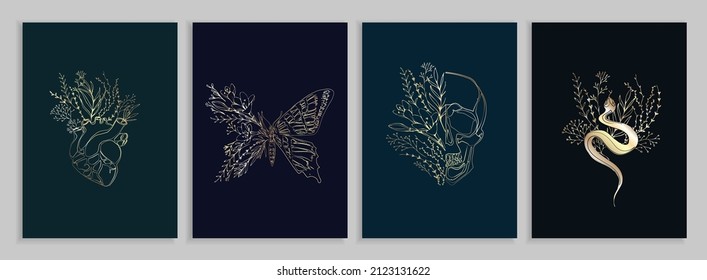 Half shape butterfly, snake and skull with branch and flowers for tattoo t-shirt print or wall art. Hand drawn wedding herb. Botanical rustic trendy greenery. Vector