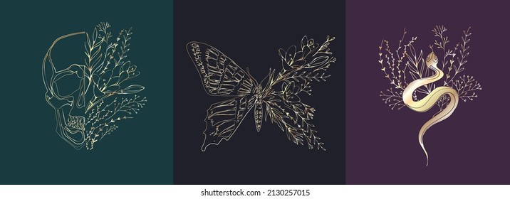 Half shape butterfly, snake and skull with branch and flowers for tattoo t-shirt print or wall art. Hand drawn wedding herb. Botanical rustic trendy greenery. Vector