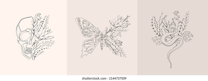 Half shape butterfly, snake and skull with branch and flowers for tattoo t-shirt print or wall art. Hand drawn wedding herb. Botanical rustic trendy greenery. Vector