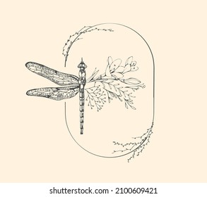 Half shape dragonfly with branch and flowers for tattoo t-shirt print or wall art. Hand drawn wedding herb. Botanical rustic trendy greenery. Vector