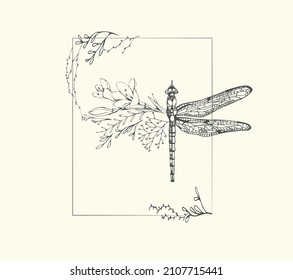 Half shape dragonfly with branch and flowers for tattoo t-shirt print or wall art. Hand drawn wedding herb. Botanical rustic trendy greenery. Vector