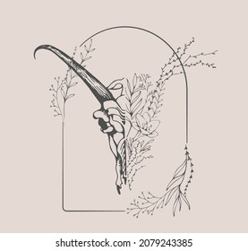 Half shape skull with branch and flowers for tattoo t-shirt print or wall art. Hand drawn wedding herb. Botanical rustic trendy greenery. Vector