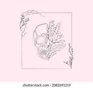 Half shape skull with branch and flowers for tattoo t-shirt print or wall art. Hand drawn wedding herb. Botanical rustic trendy greenery. Vector